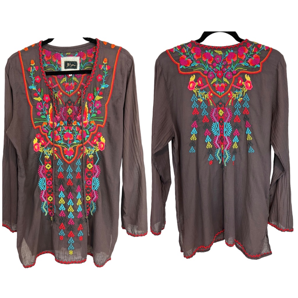 Johnny Was Biya Floral Embroidered Boho Tie Neck Top Blouse Tunic Size Large